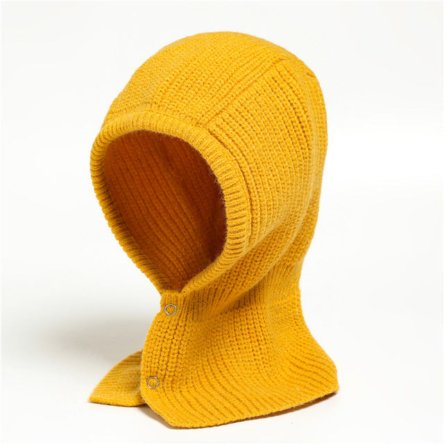 One Piece Warm Solid Button Wool Hat Neckband