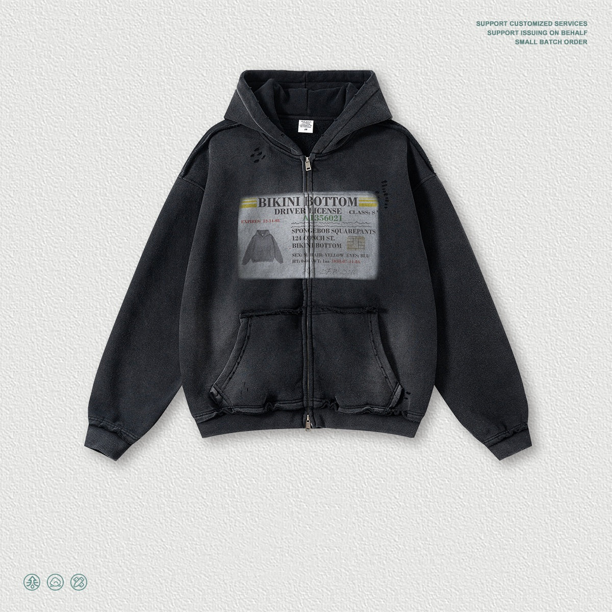 Mens Printed Ripped Zip-Up Hoodie Cardigan Coat