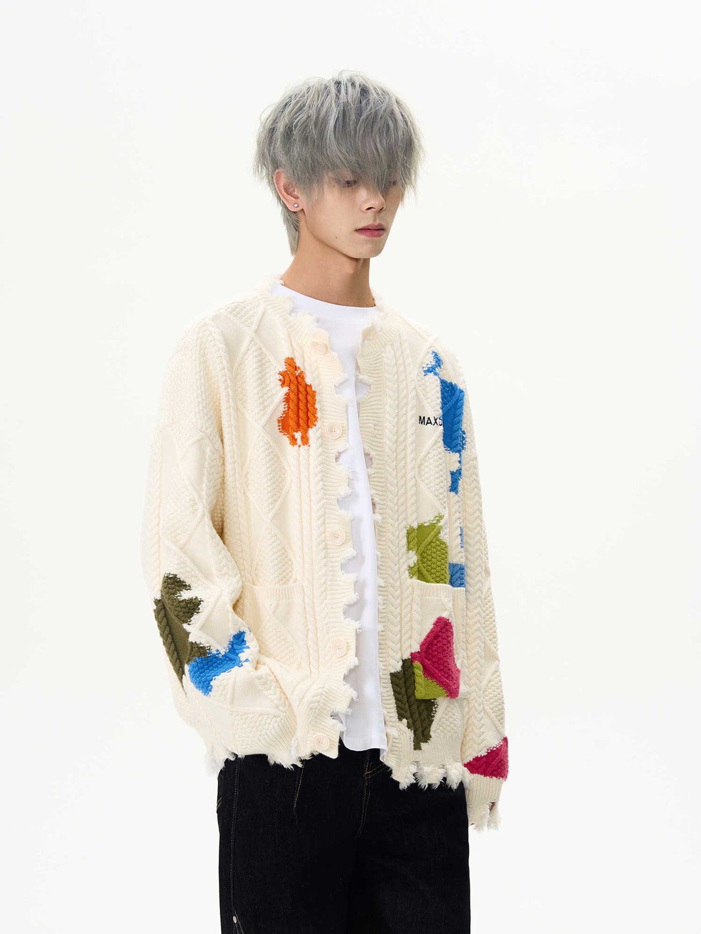 Damaged Contrast Color Cardigan Sweater Men's And Women's Coats