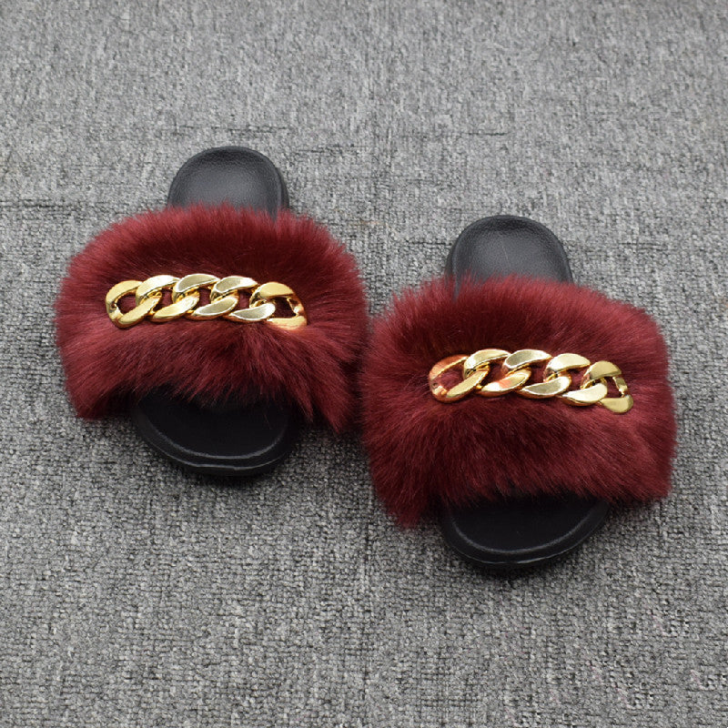 Fur Fur Slippers Chain Faux Fur Flip Flops