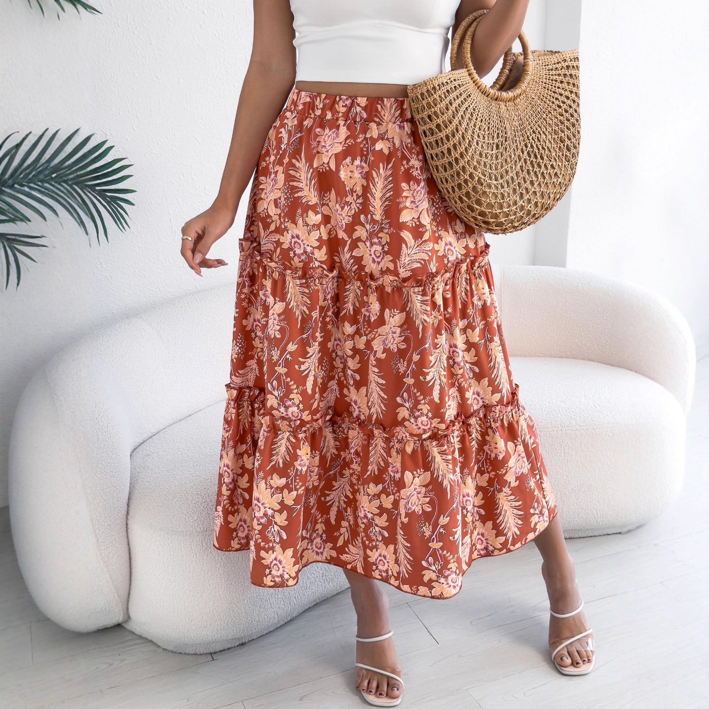 Ladies' Fashion Casual Floral Mid-length Skirt