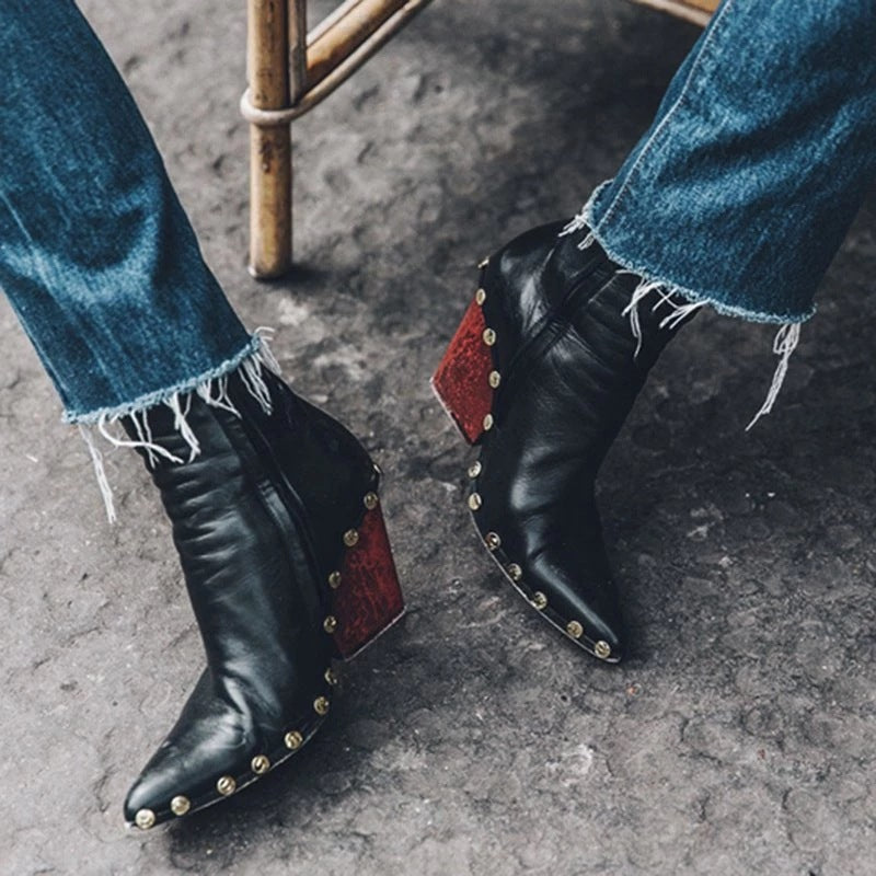 Solid Color Rivet Pointed Toe Women's Short Boots