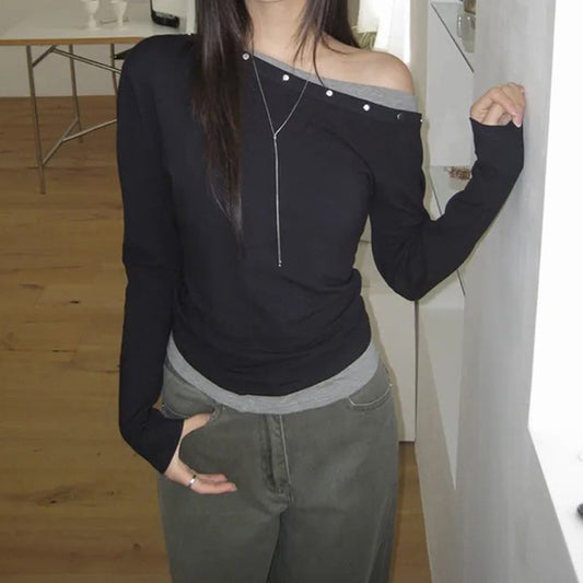 Designed As A Faux Two-piece This T-shirt Features A Slanted Shoulder And Contrasting Colors