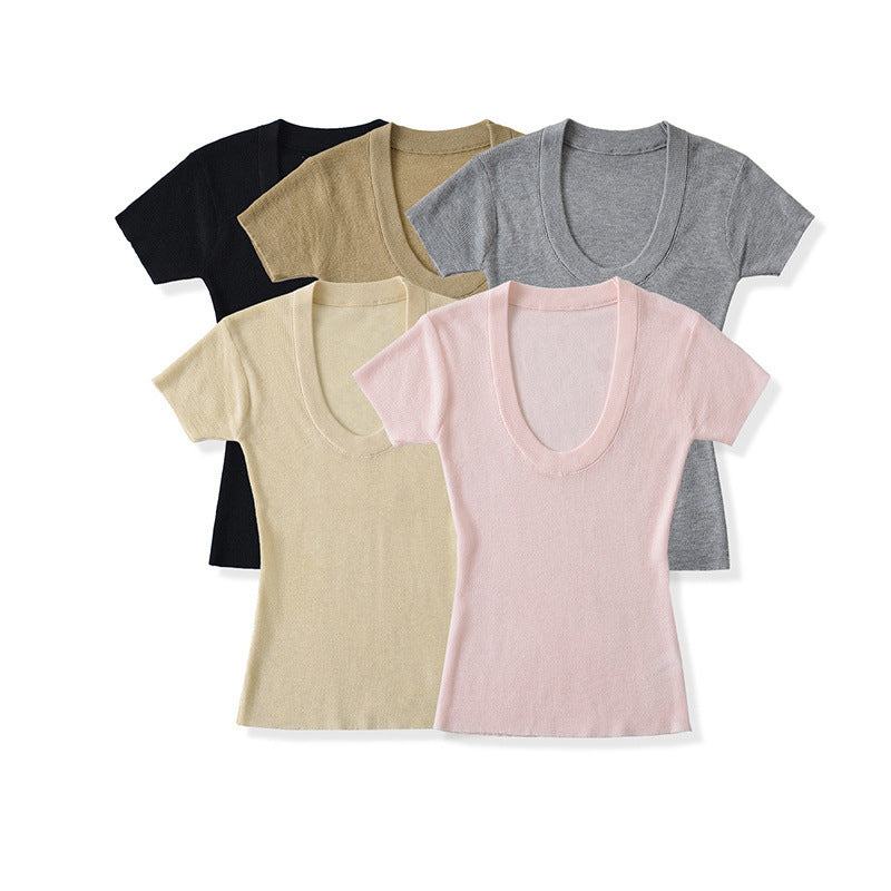 Europæisk og amerikansk stil hot girl uld scoop ensfarvet slim stretch top