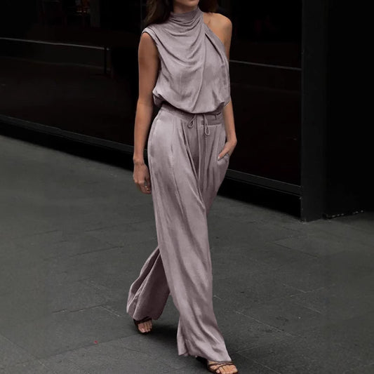Womens Fashion Solid Color Turtleneck Sleeveless Top High-Waist Straight-Leg Wide-Leg Pants Set