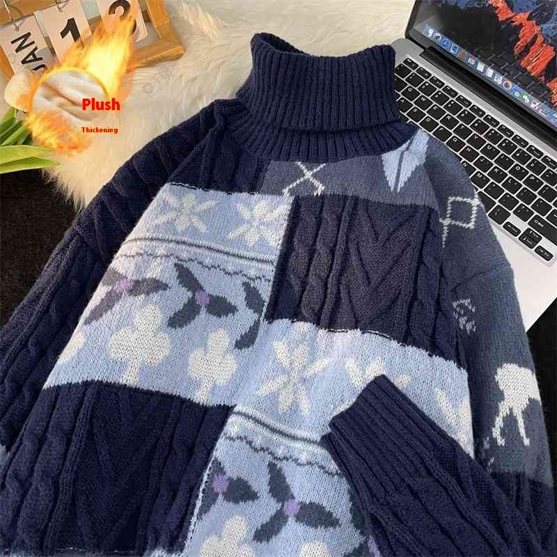Fleece-lined Thickened Turtleneck Retro Art Design Sweater Warm