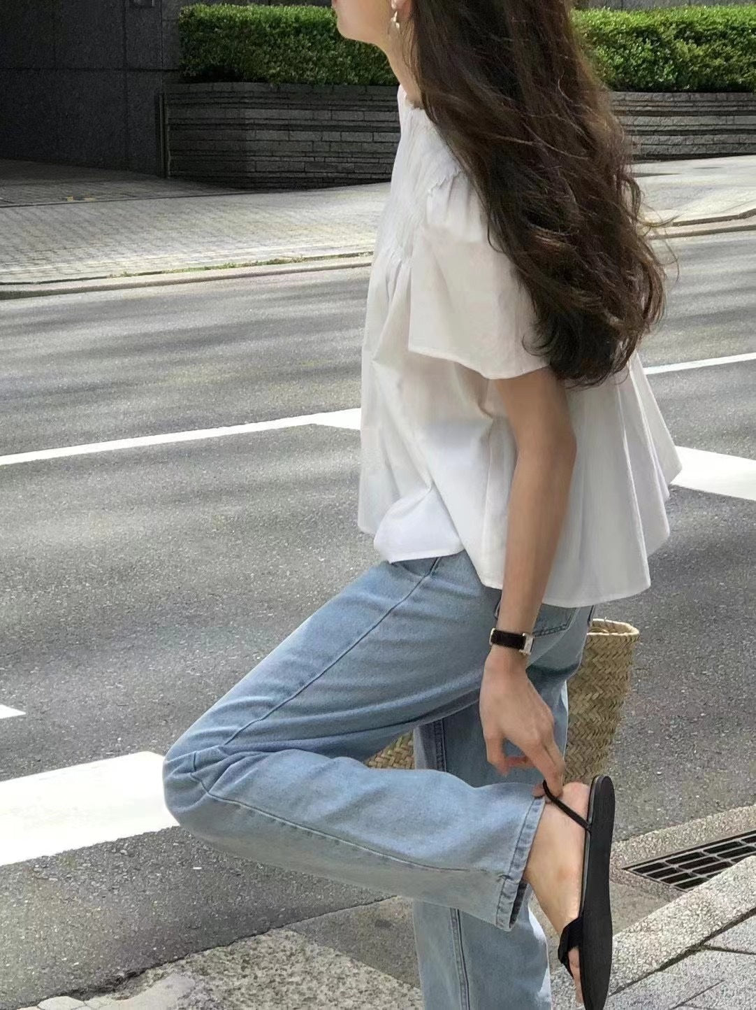 Cute Youth-looking Round Neck Pleated Doll Shirt Short Sleeve Shirt