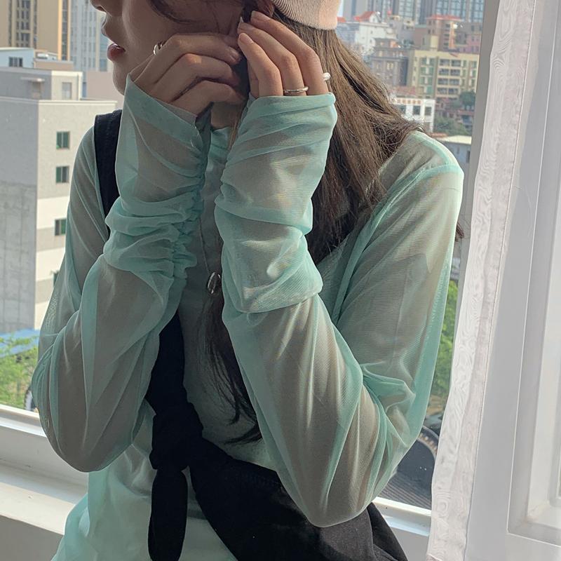 Womens Solid-Color High-Neck Thin All-Match T-Shirt