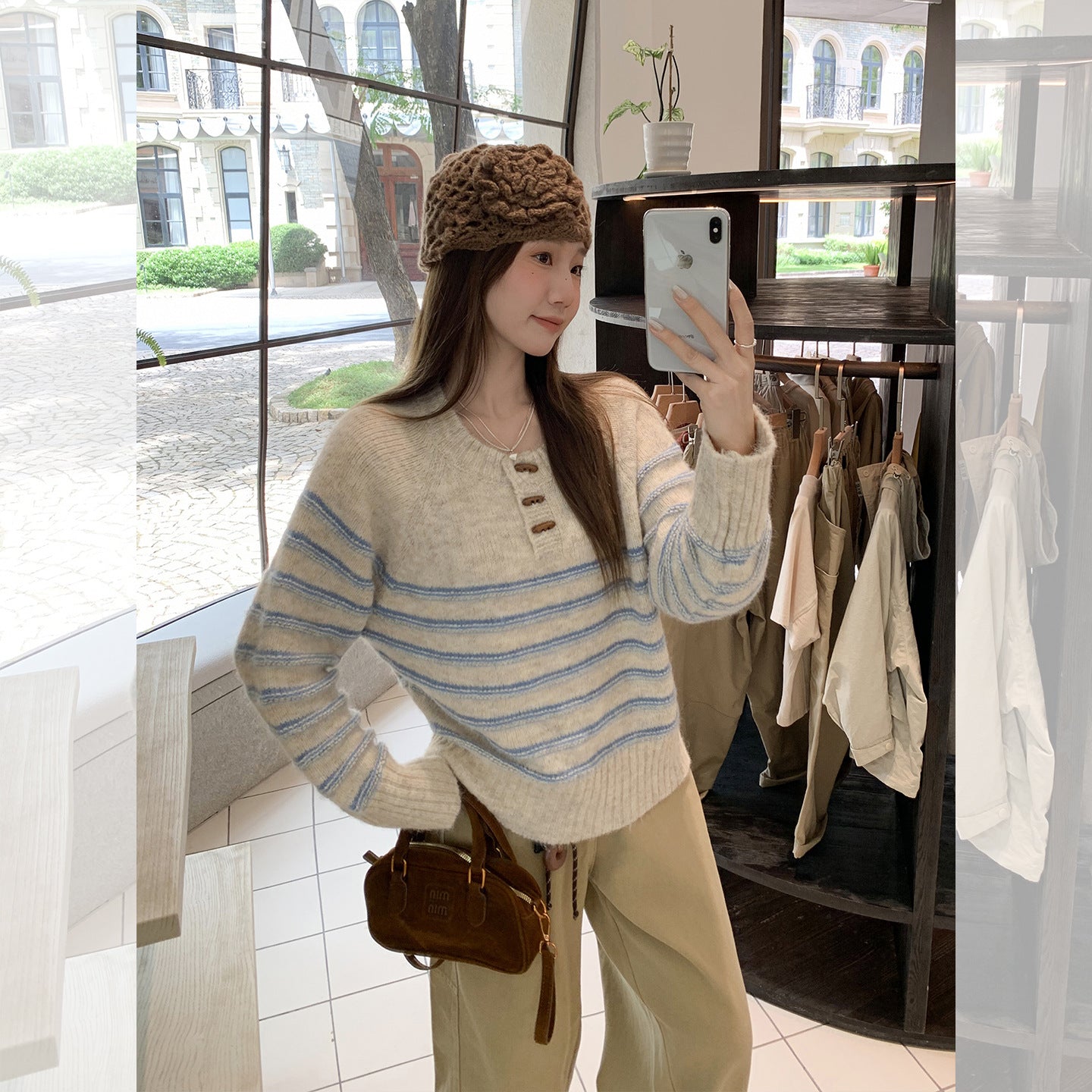 Womens Casual Striped Half-zip Long-sleeve Base Top