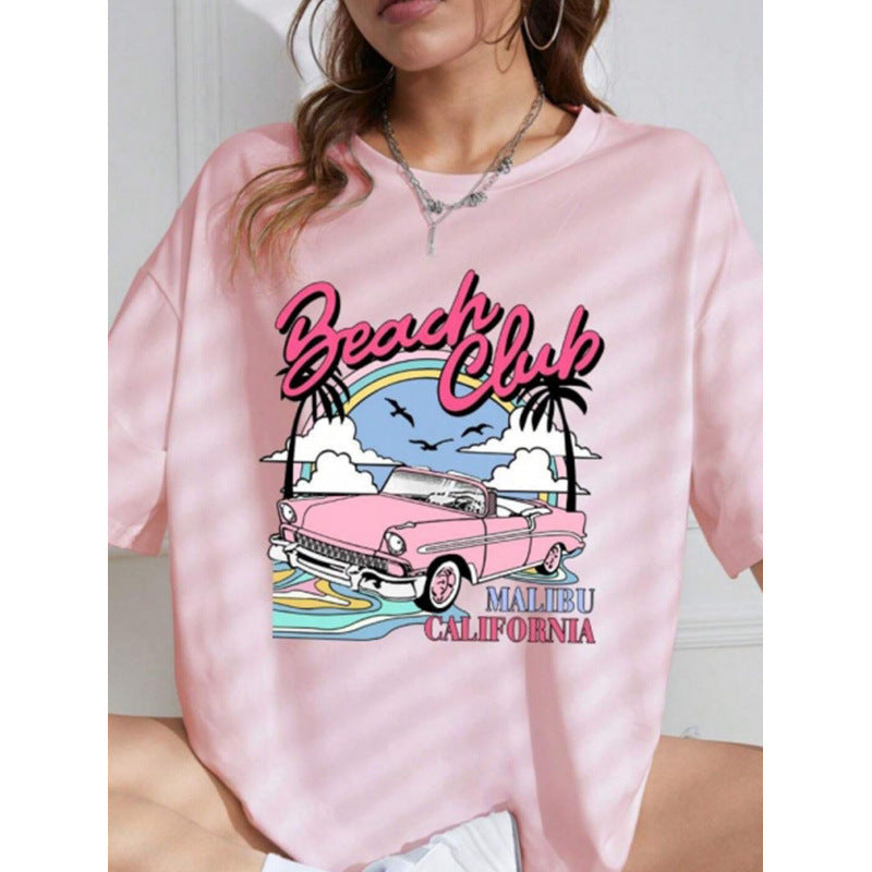 Retro Biker's Pink Loose Printed All-matching T-shirt