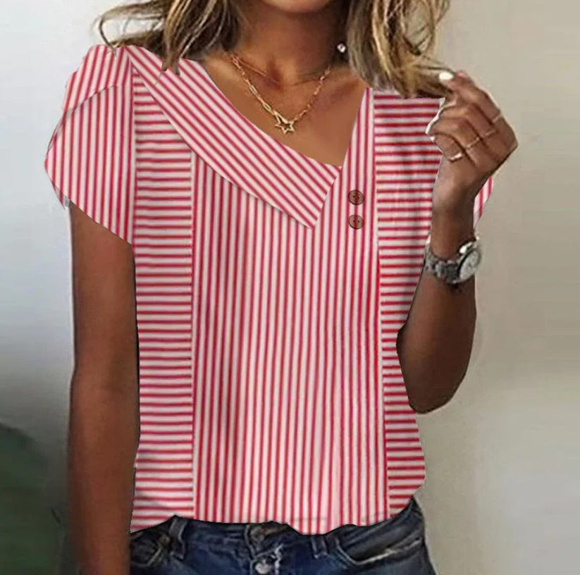 Women's Top Button V-neck T-shirt