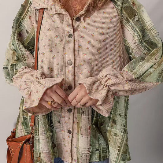 Dame ternet skjorte med flæseærmer og slidt look