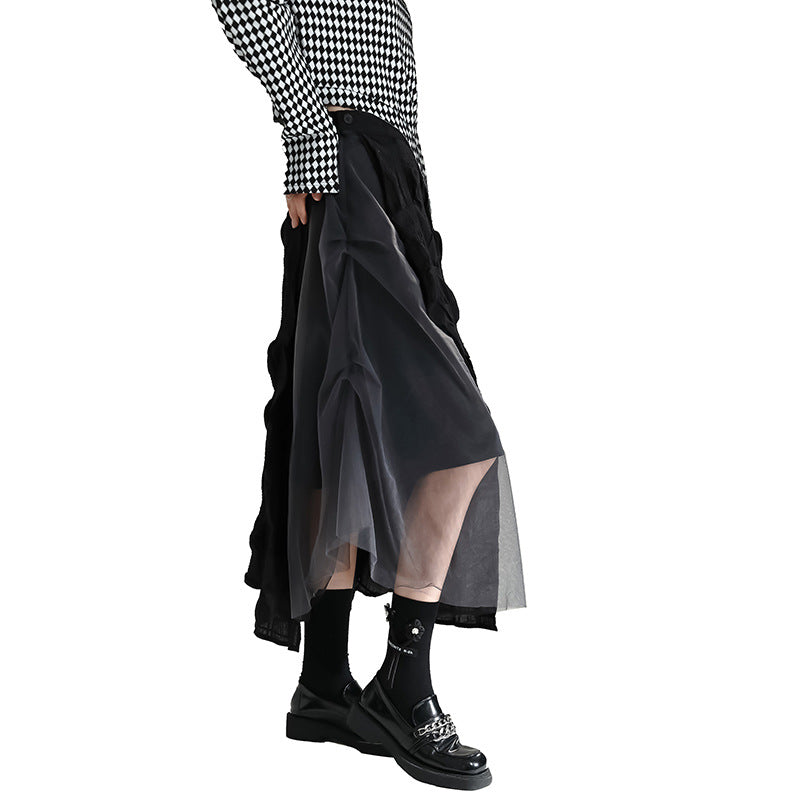 Gray Contrast Color Heavy Industry Stitching Mesh Pleats Skirt For Women