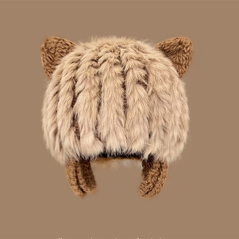 Japanese Cute Cat Ears Plush Rabbit Fur Knitted Sleeve Cap Female
