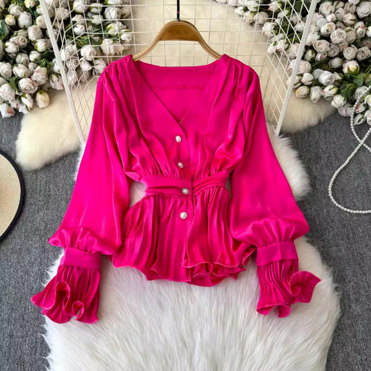 Temperament V-neck Long Sleeve Top Young French Minority