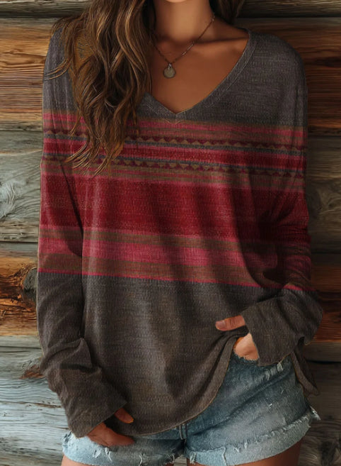 Women's Retro Red Pattern Print Casual V-neck Long Sleeve T-shirt