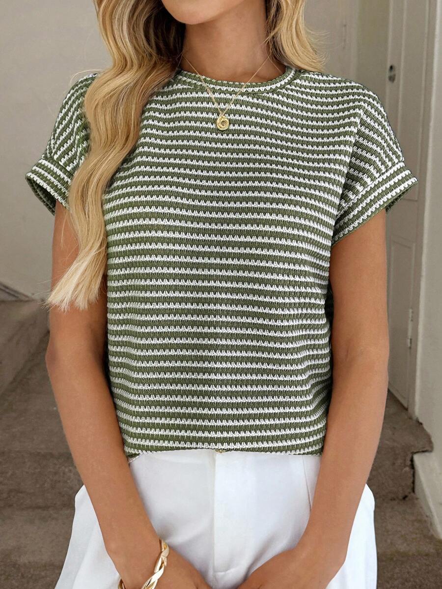 Crew-neck Two-tone Knitted Short-sleeve Top