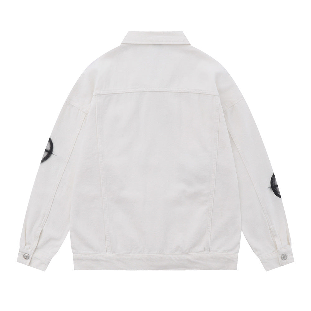 Dark Cross Graffiti Patterned Denim Jacket