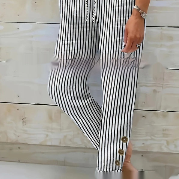 Fashion Striped Cotton Linen Elastic-waist Trousers Decorative Buckle Casual Pants