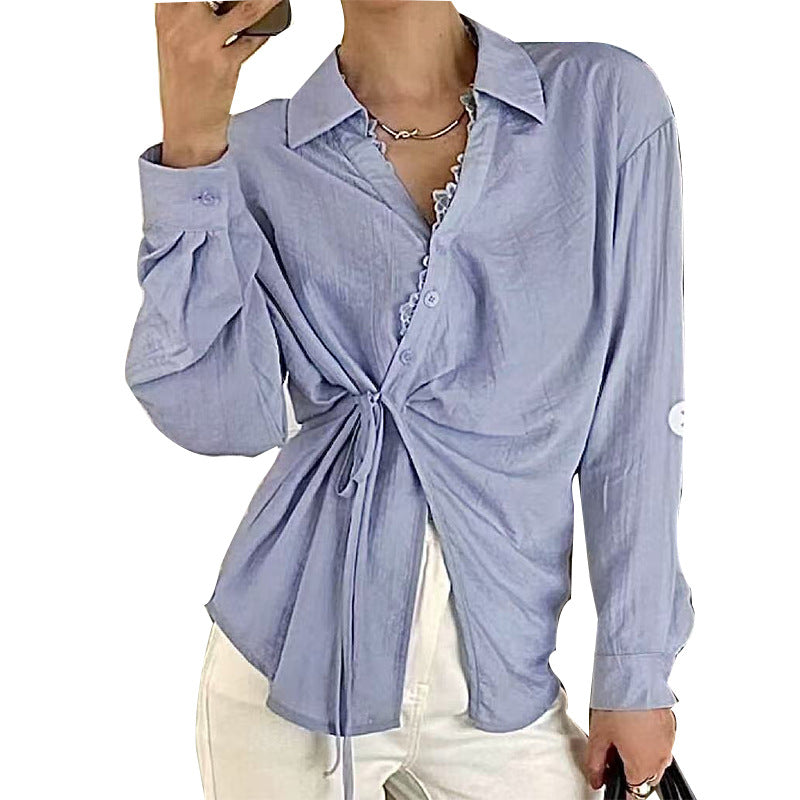 Blue Long Sleeved Shirt Lace-up Tup Cardigan Women