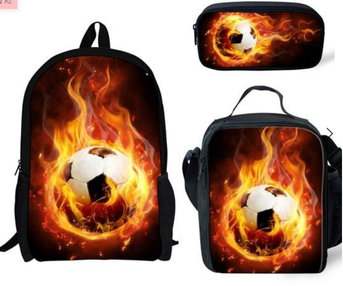 Football Print Children's Three-piece Backpack Satchel Big Pen Bag Student Backpack