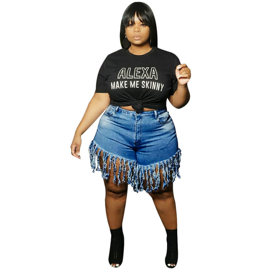 Fashion Sexy Bag Hip Tassel Fat MM Denim Straight Shorts