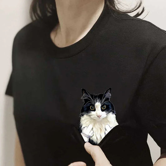 Funny Cat Double Middle Finger Print Pocket High Quality Women Short Sleeve Lining