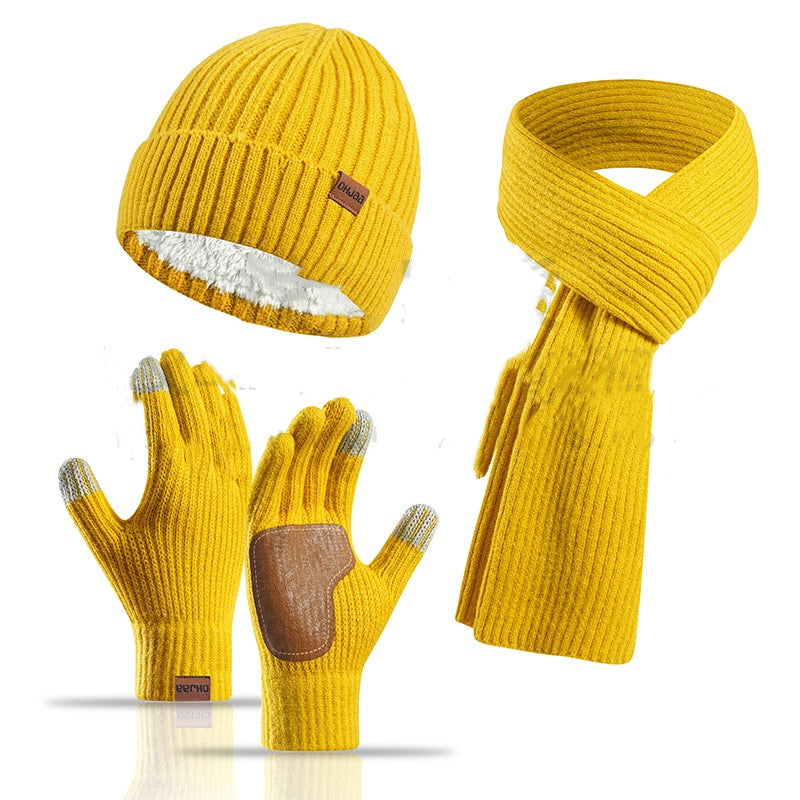 Winter Women's Wool Hat Scarf Gloves Plus Leather Non-slip Three-piece Set