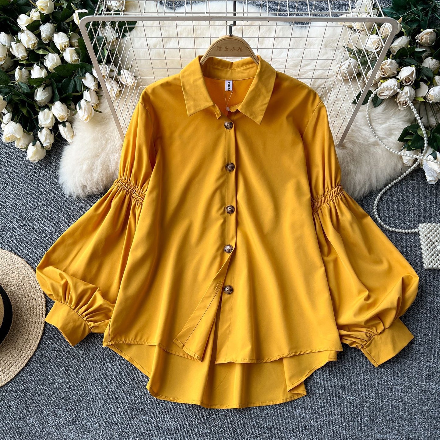 Pleated Lantern-sleeve Single-breasted Loose-fitting Versatile Shirt