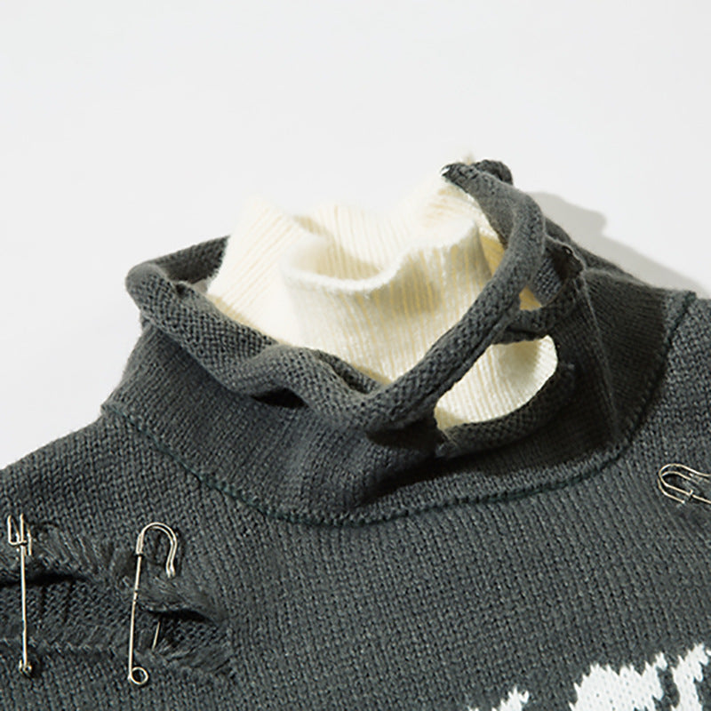 Fake Two-piece Color Matching Turtleneck Letter Cut Ripped Sweater
