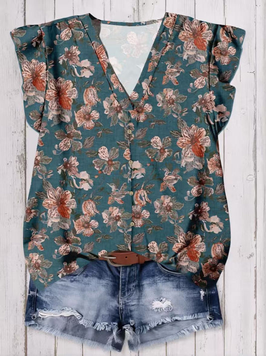 Retro Floral-print Ruffle Short-sleeve Shirt