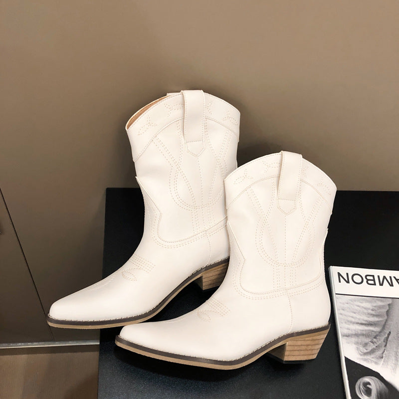 Retro Thick Heel Mid-tube Knight Boots With Pointed Embroidery Thread