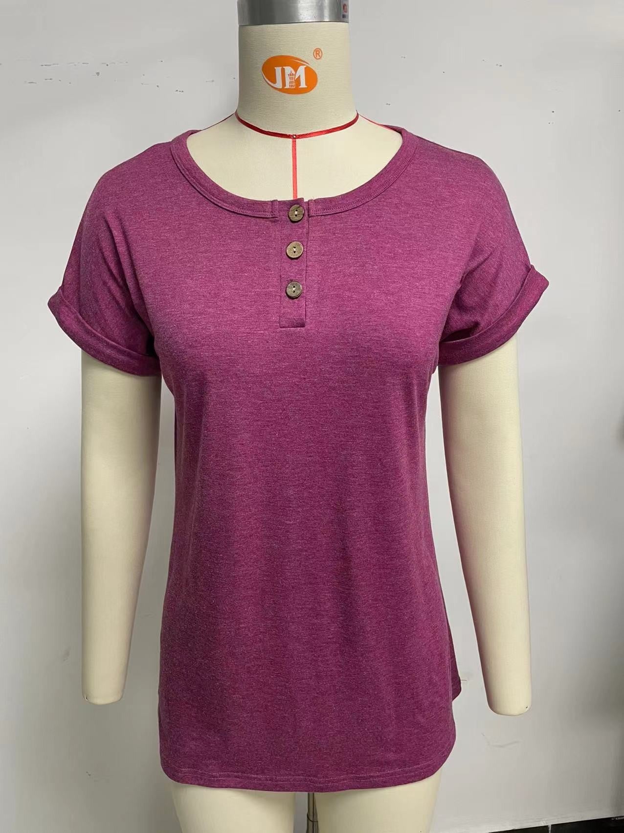 Women's Summer Solid Color Round Neck Button Loose T-shirt