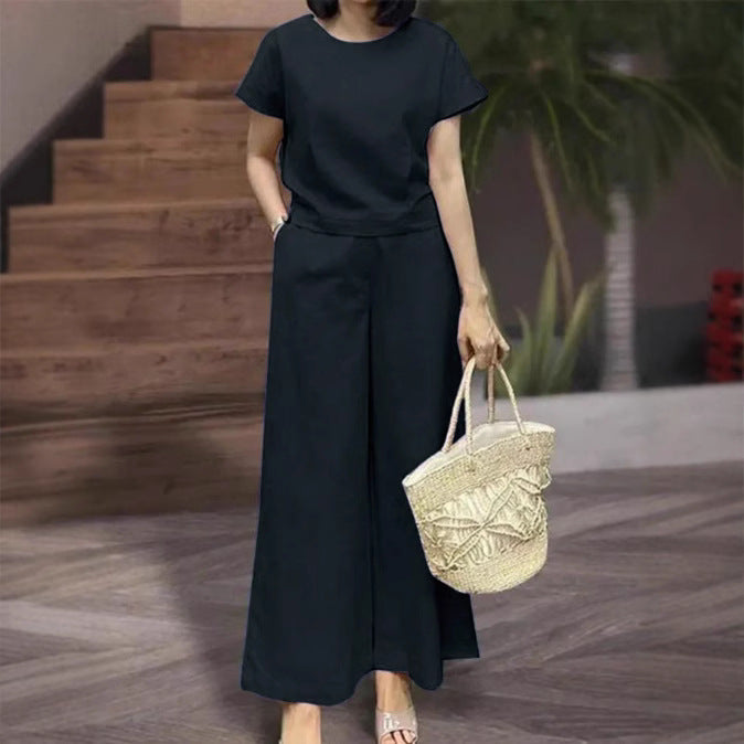 Womens Short-Sleeve Sporty Casual Set Cropped Loose Top And Cropped Pants Two-Piece Set