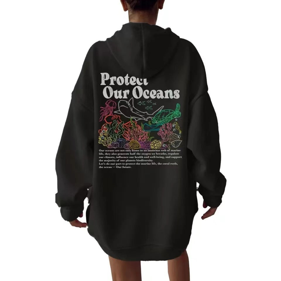 Sweater til kvinder, løs pasform, Protect Our Oceans hættetrøje