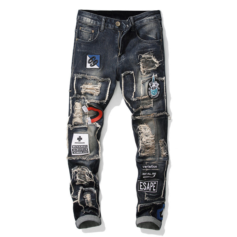 New European And American Style Men's Ripped Patch Stretch Jeans