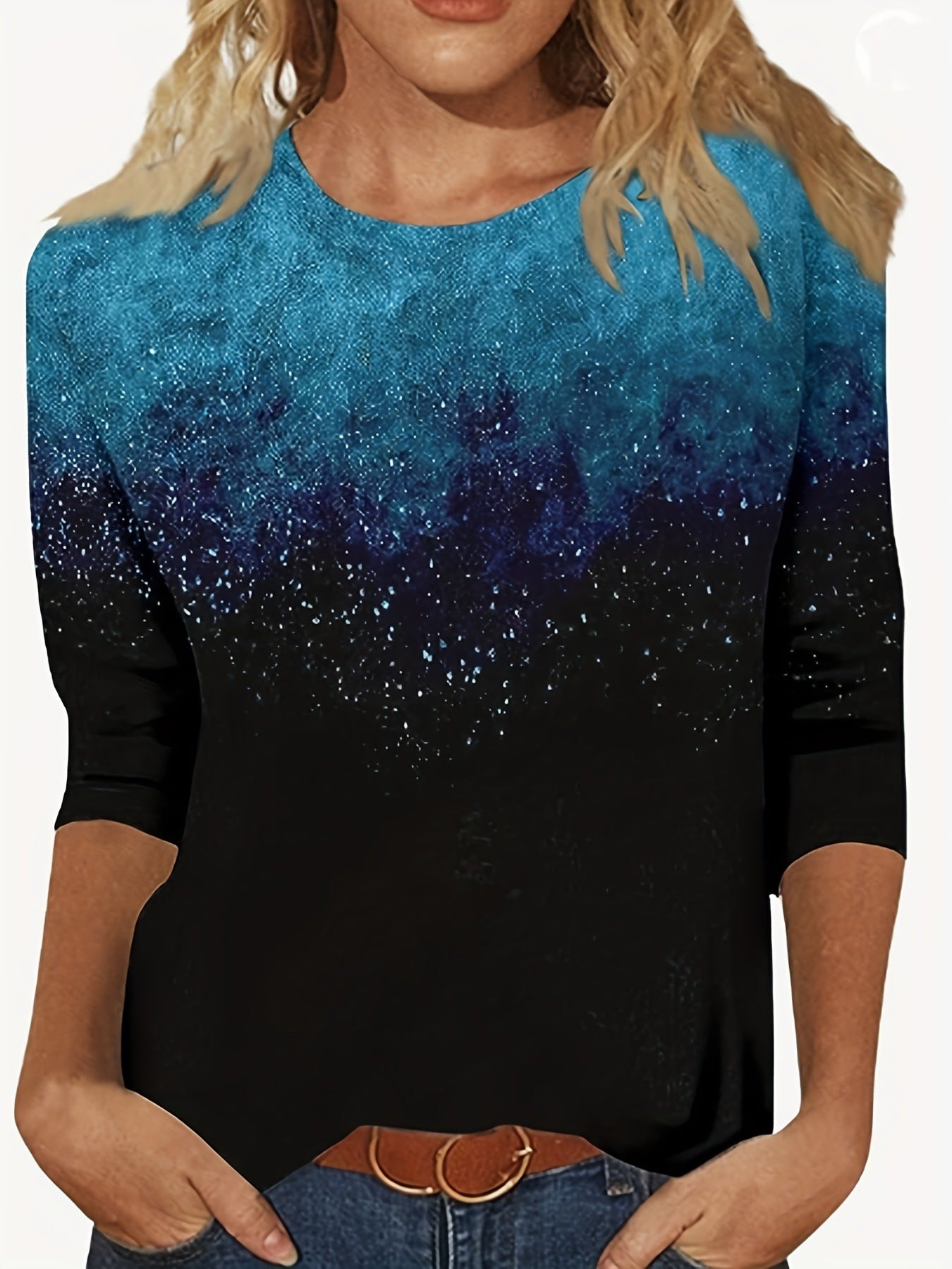 Europæisk og amerikansk blomsterprintet langærmet T-shirt med rund hals