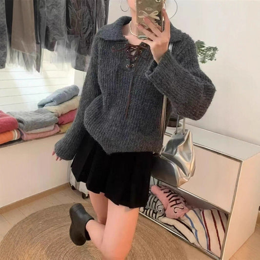 Loose Top Vintage Lace-up Polo Collar Women's Sweater