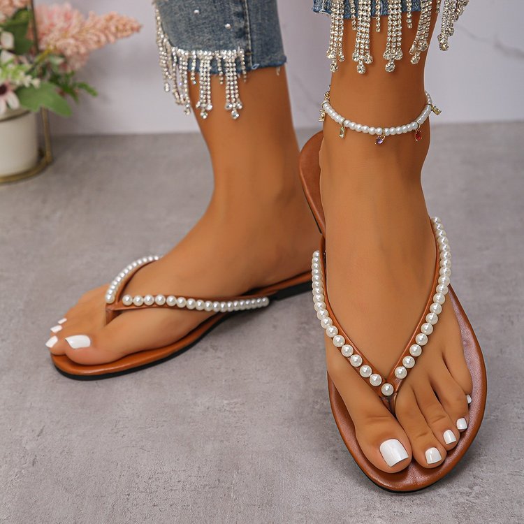Flat Bottom Flip-flops Flip-flops Women's Summer Wear New Fairy Style Pearl Soft Bottom Non-slip Beach Slippers