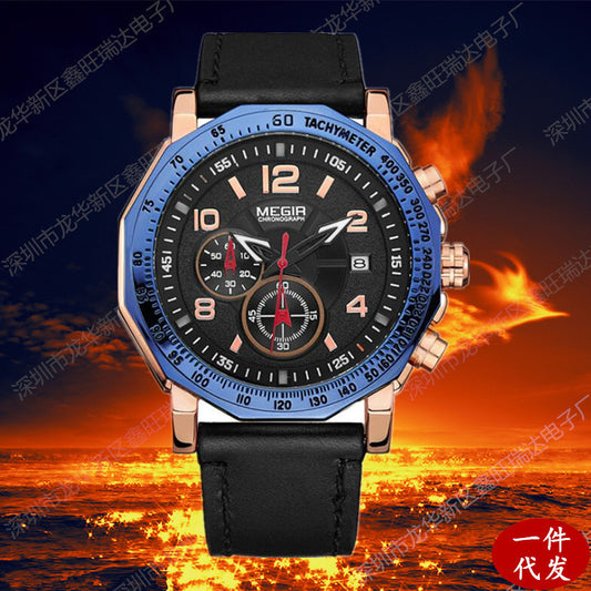 Leather Men's Quartz Watch Multi-function Chronograph Waterproof Sports Watch