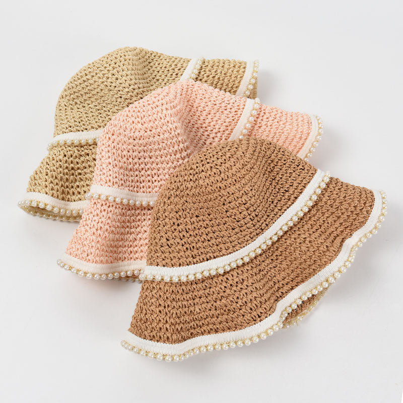 Pearl Decoration Hand Crochet Paper Straw Hat Foldable Big Brim Sunshade Beac