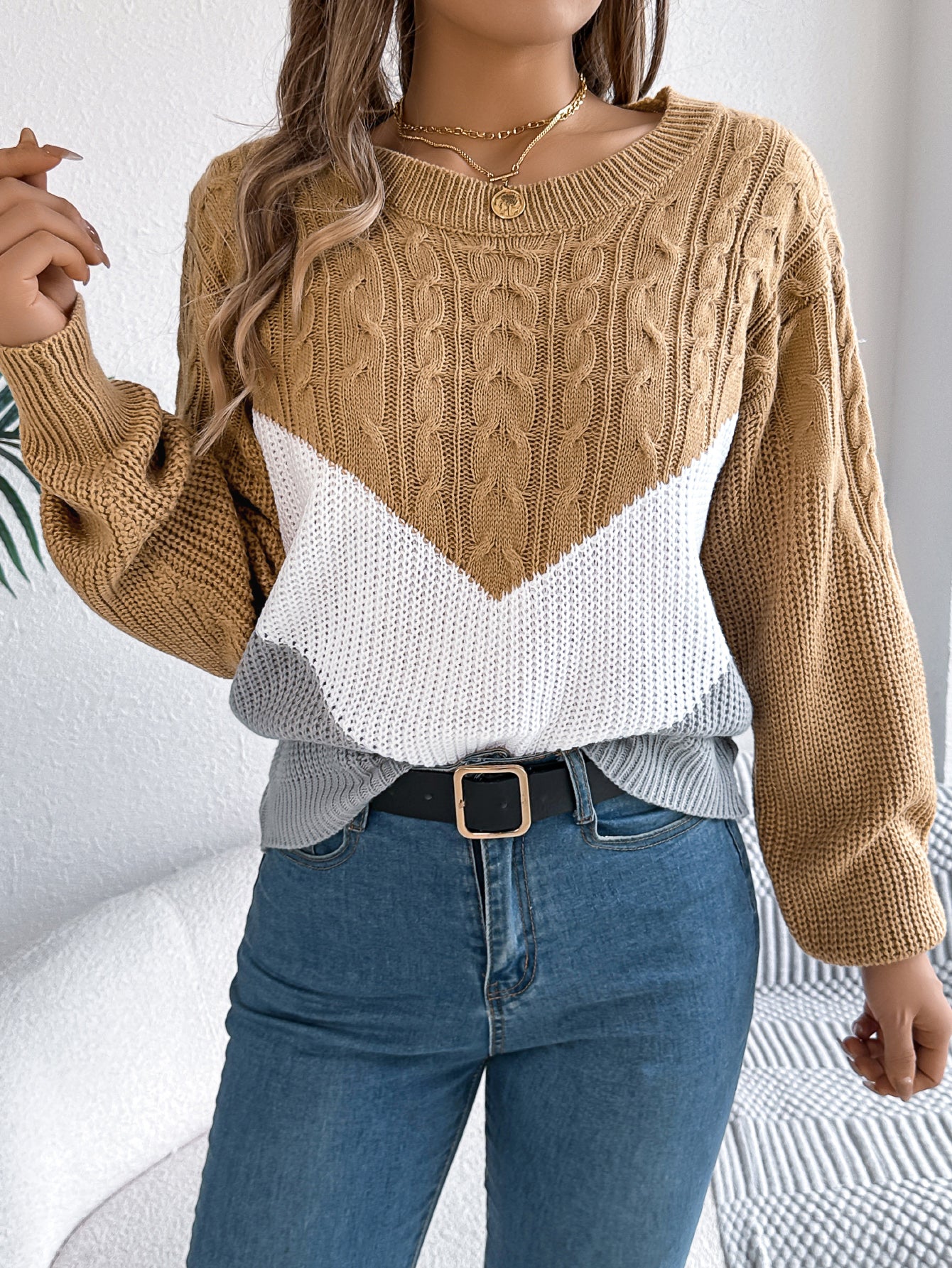 Women Casual Color Block Cable Knit Lantern Sleeve Pullover Sweater