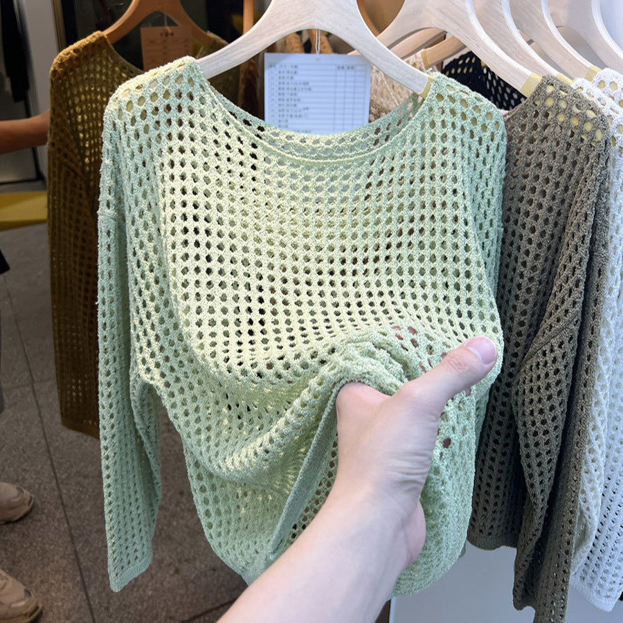 Sexy Pure Want To Wear Round Neck Long Sleeve Hollow Knitted Mesh Shirt