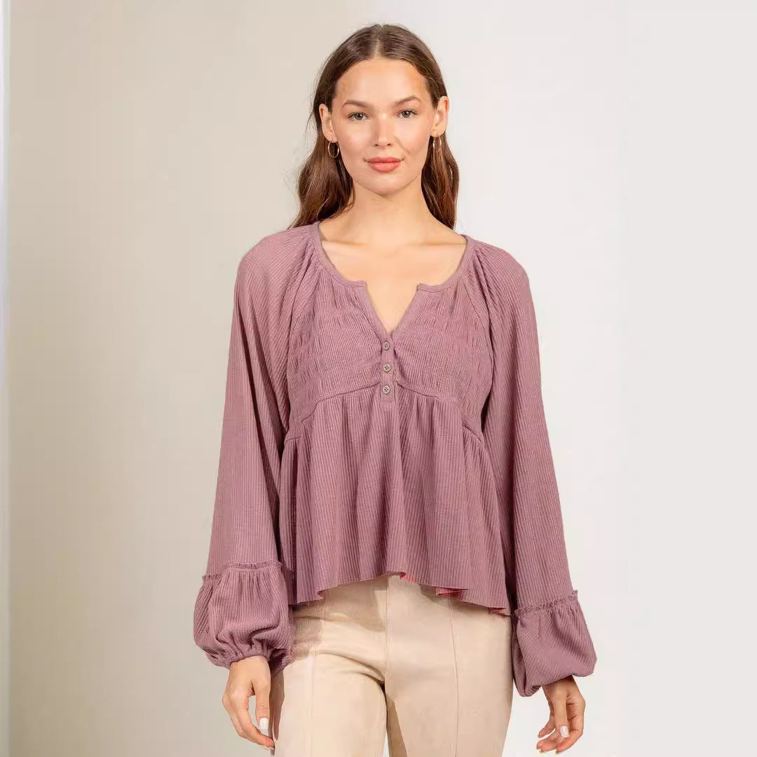 Women's Fashionable Pleated Sunken Stripe Knitted Bottoming Shirt