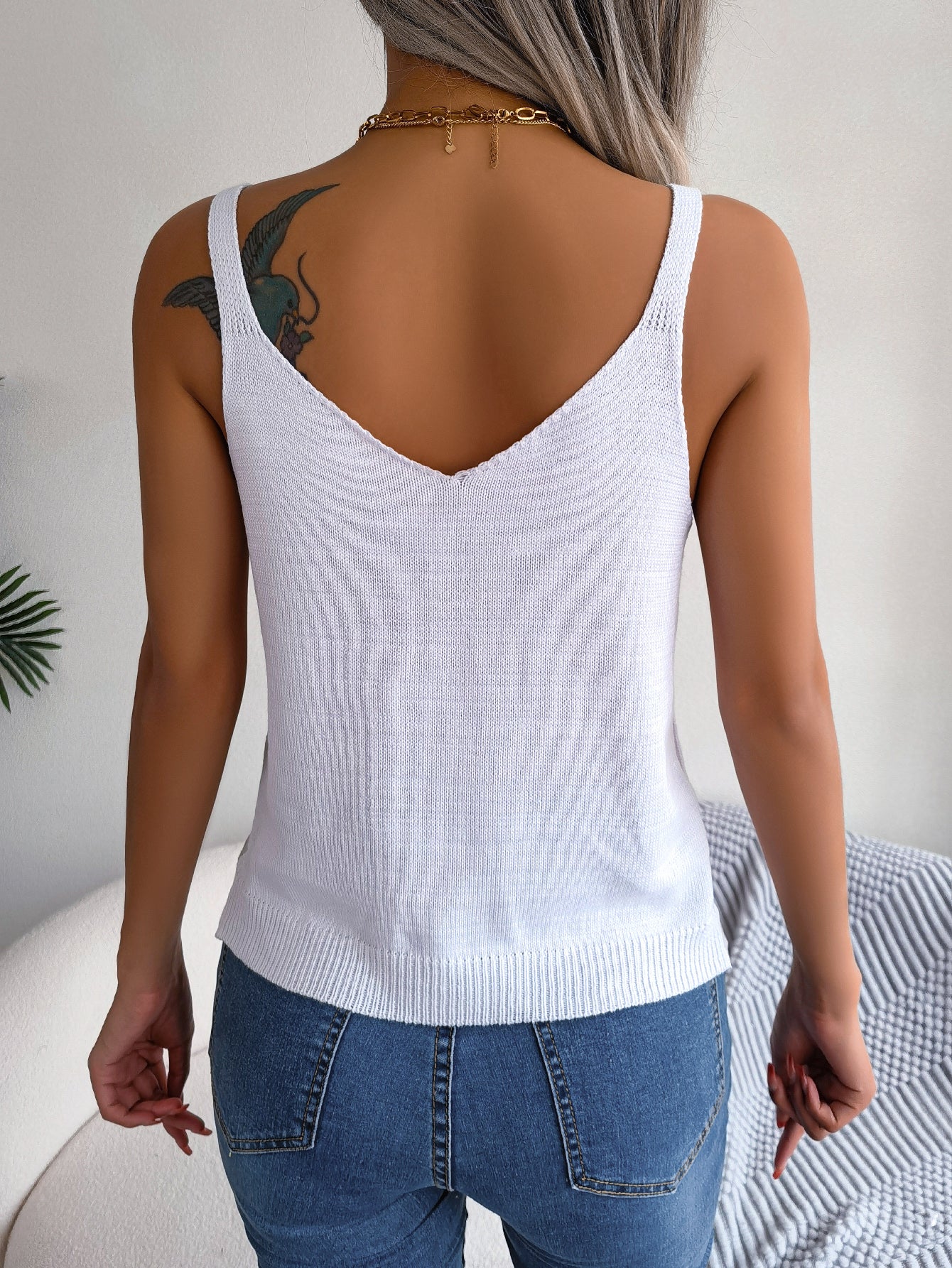 Casual Metal Button V-Neck Hollow Out Top - Holiday Knitwear