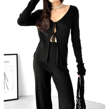 Womens Set Long-sleeve Tie-front Cardigan With Casual Trousers