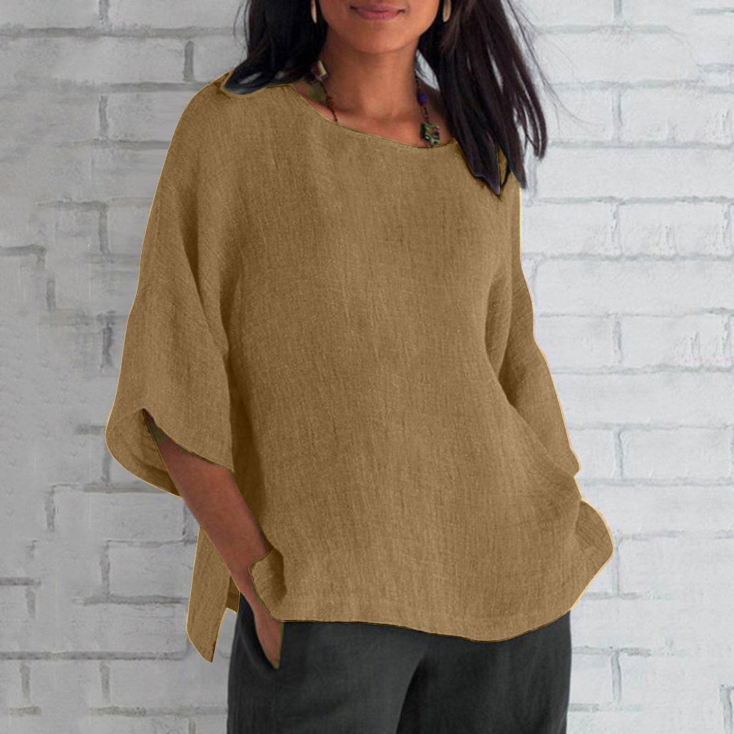 Women's Three-quarter Sleeve Round Neck Cotton And Linen Shirt Top