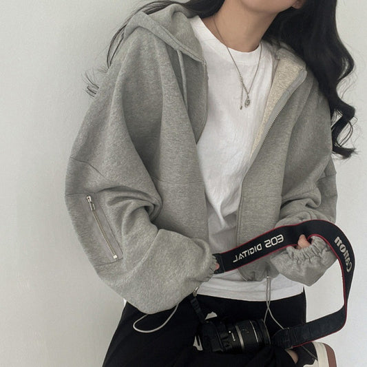 Women's Large Pocket Zipper Design Loose Casual Drawstring Hoodie Coat