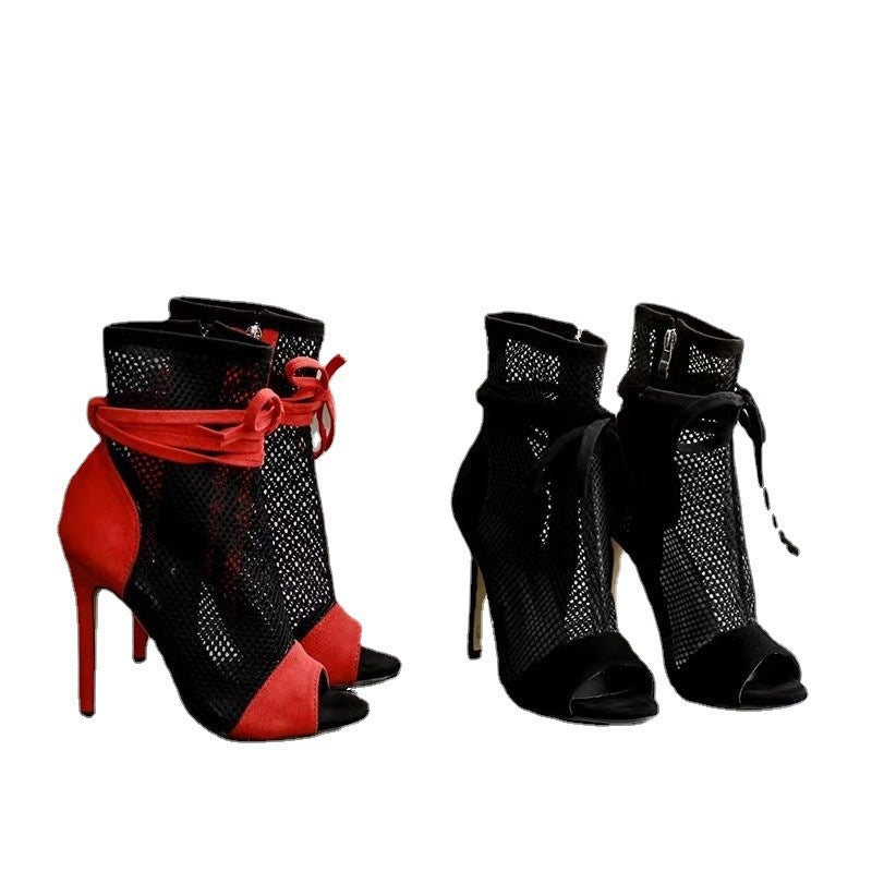 Fish Mouth Splicing Hollowed Out Simple Bow High Heels Women's Large Size Side Zipper Fashion Cool Boots