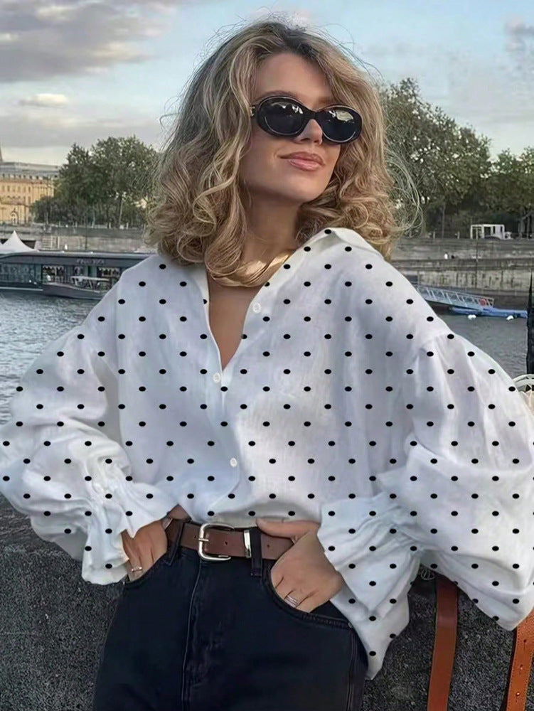 Early-Autumn Loose Casual Polka-Dot Shirt With Front Buttons For A Stylish Look